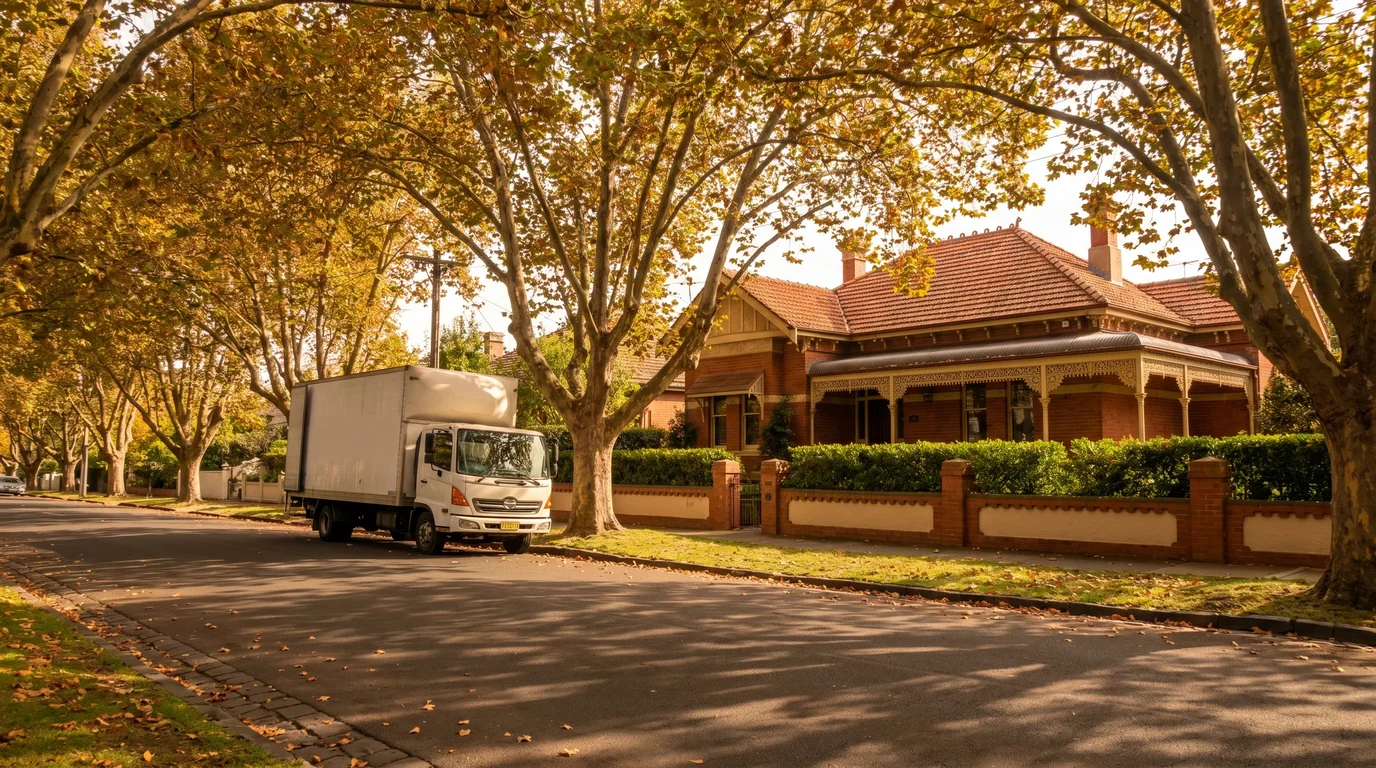 Removalists carefully carrying wrapped furniture along a leafy Melbourne inner east street, with an Edwardian home facade visible behind them